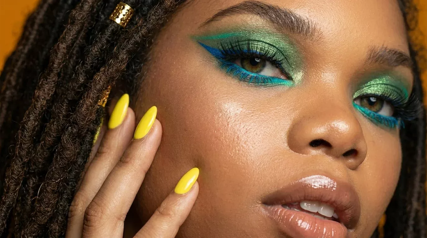 Close-up of woman wearing bold hypoallergenic teal and green graphic eyeliner with blue lower lash liner and yellow nails against an orange background